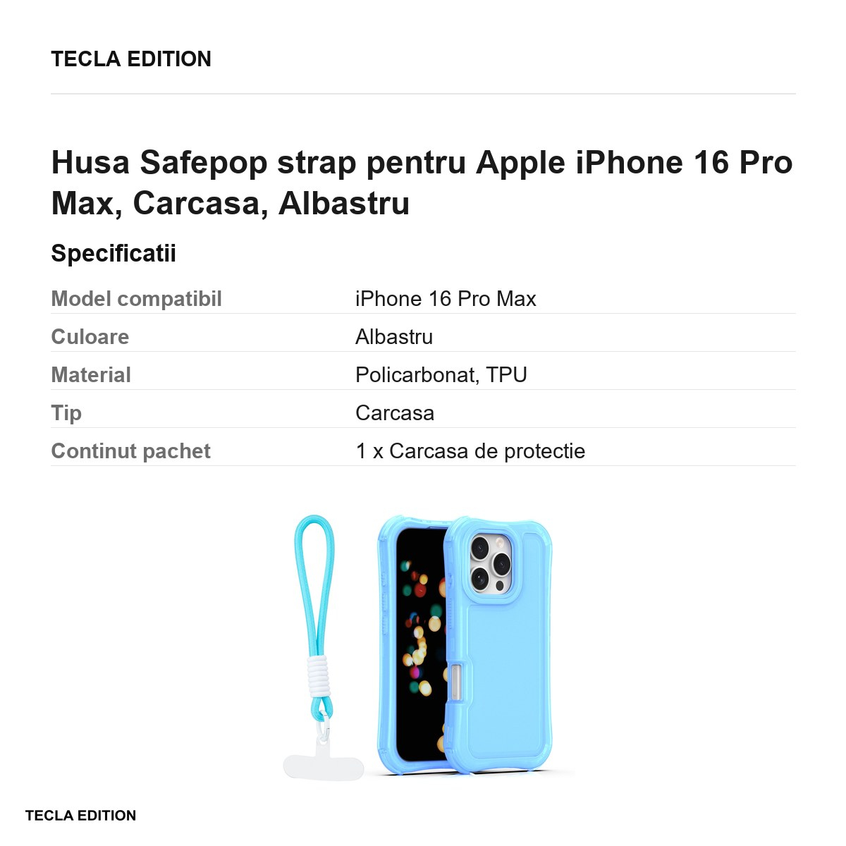 Husa Safepop strap pentru Apple iPhone 16 Pro Max, Carcasa, Albastru [3]