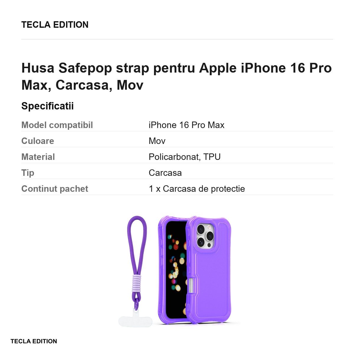 Husa Safepop strap pentru Apple iPhone 16 Pro Max, Carcasa, Mov [3]