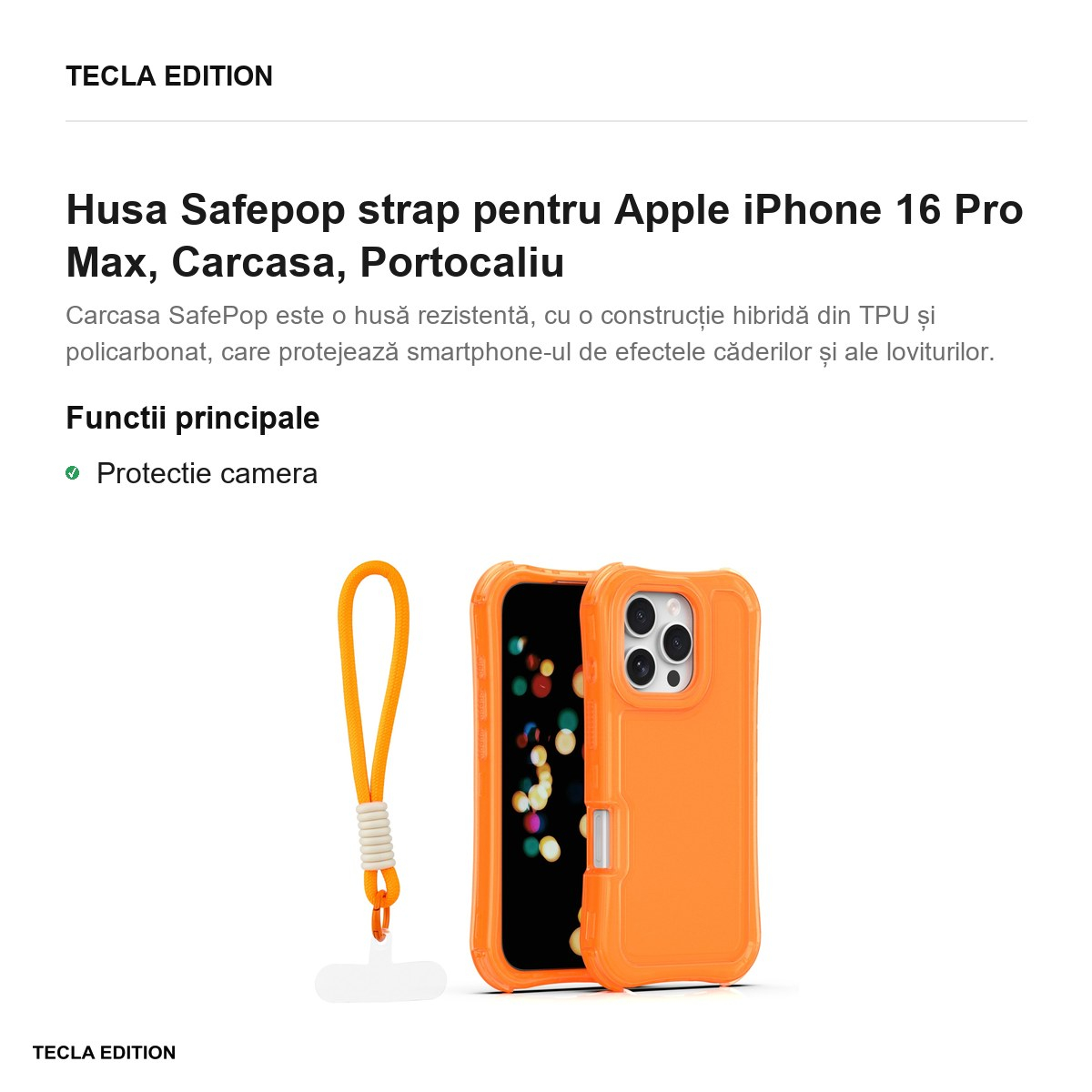 Husa Safepop strap pentru Apple iPhone 16 Pro Max, Carcasa, Portocaliu [2]