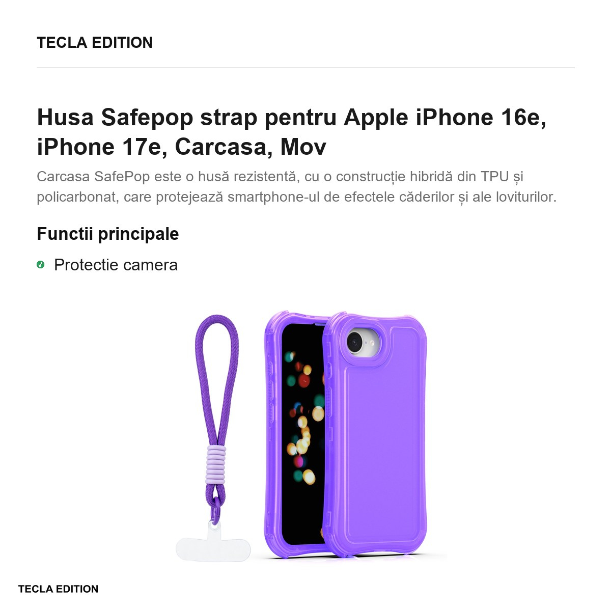 Husa Safepop strap pentru Apple iPhone 16e, iPhone 17e, Carcasa, Mov [2]