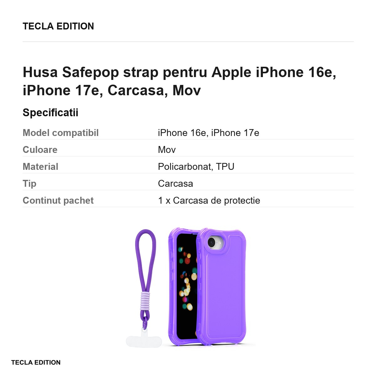 Husa Safepop strap pentru Apple iPhone 16e, iPhone 17e, Carcasa, Mov [3]