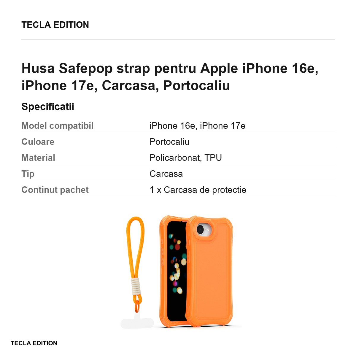 Husa Safepop strap pentru Apple iPhone 16e, iPhone 17e, Carcasa, Portocaliu [3]