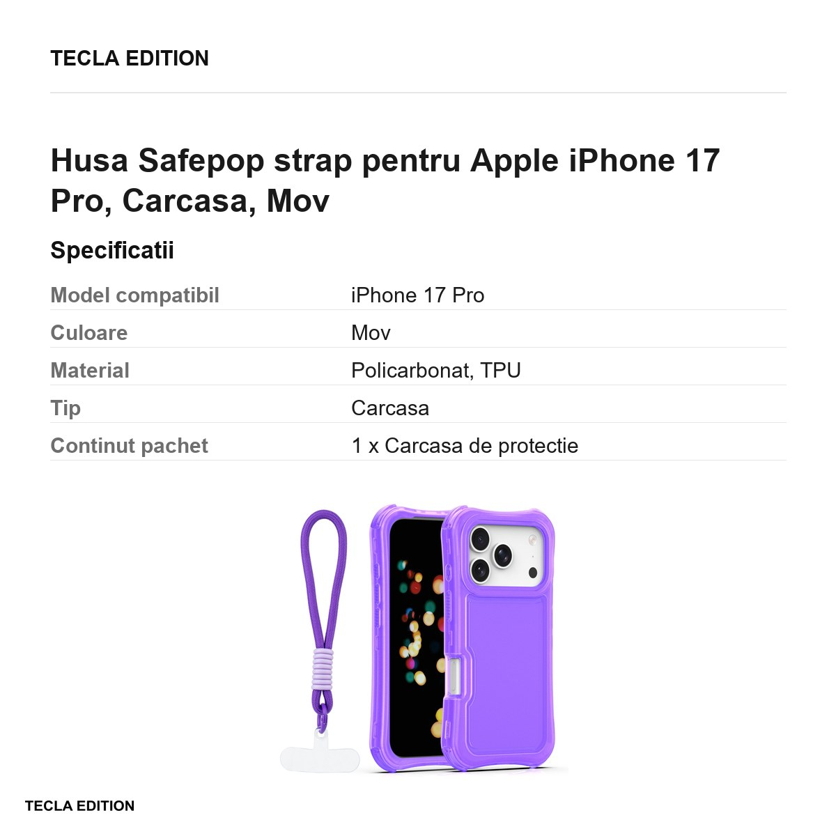 Husa Safepop strap pentru Apple iPhone 17 Pro, Carcasa, Mov [3]