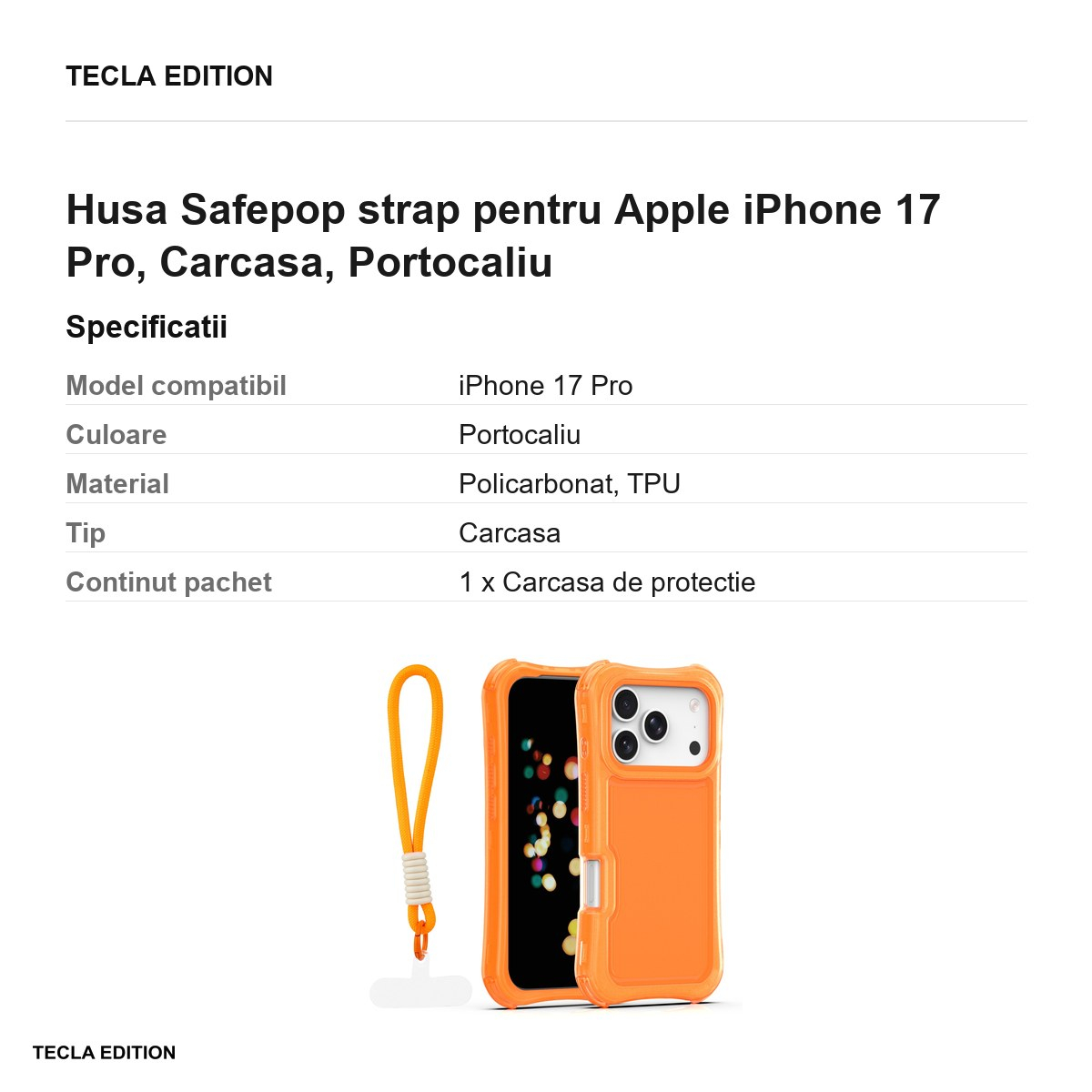 Husa Safepop strap pentru Apple iPhone 17 Pro, Carcasa, Portocaliu [3]