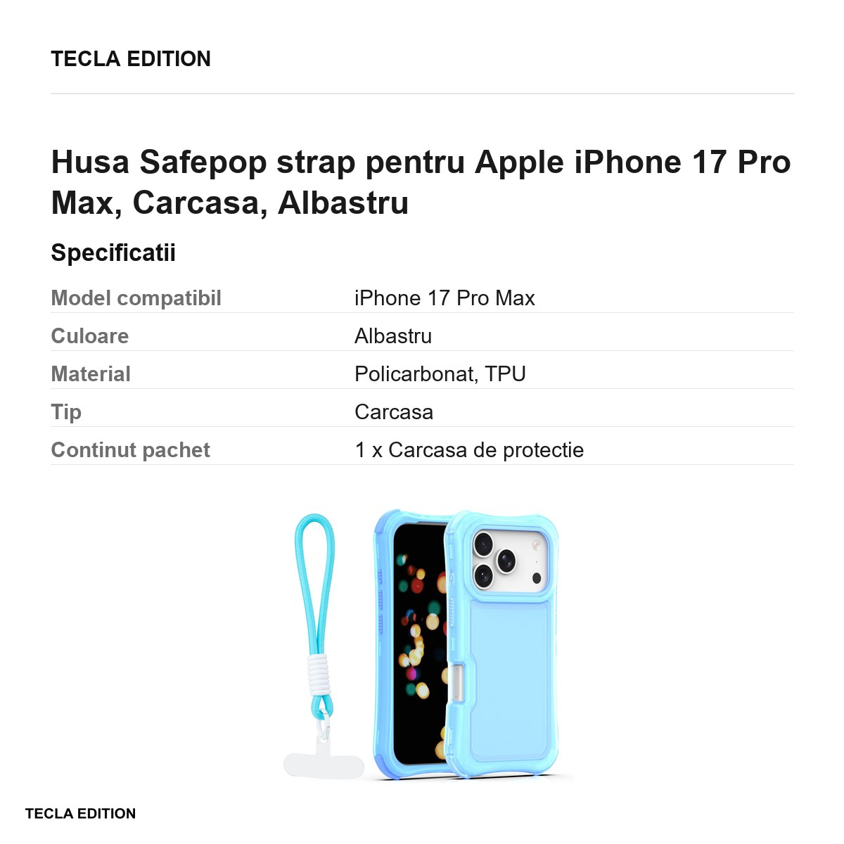 Husa Safepop strap pentru Apple iPhone 17 Pro Max, Carcasa, Albastru [3]