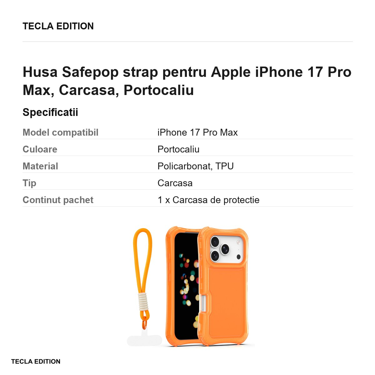 Husa Safepop strap pentru Apple iPhone 17 Pro Max, Carcasa, Portocaliu [3]