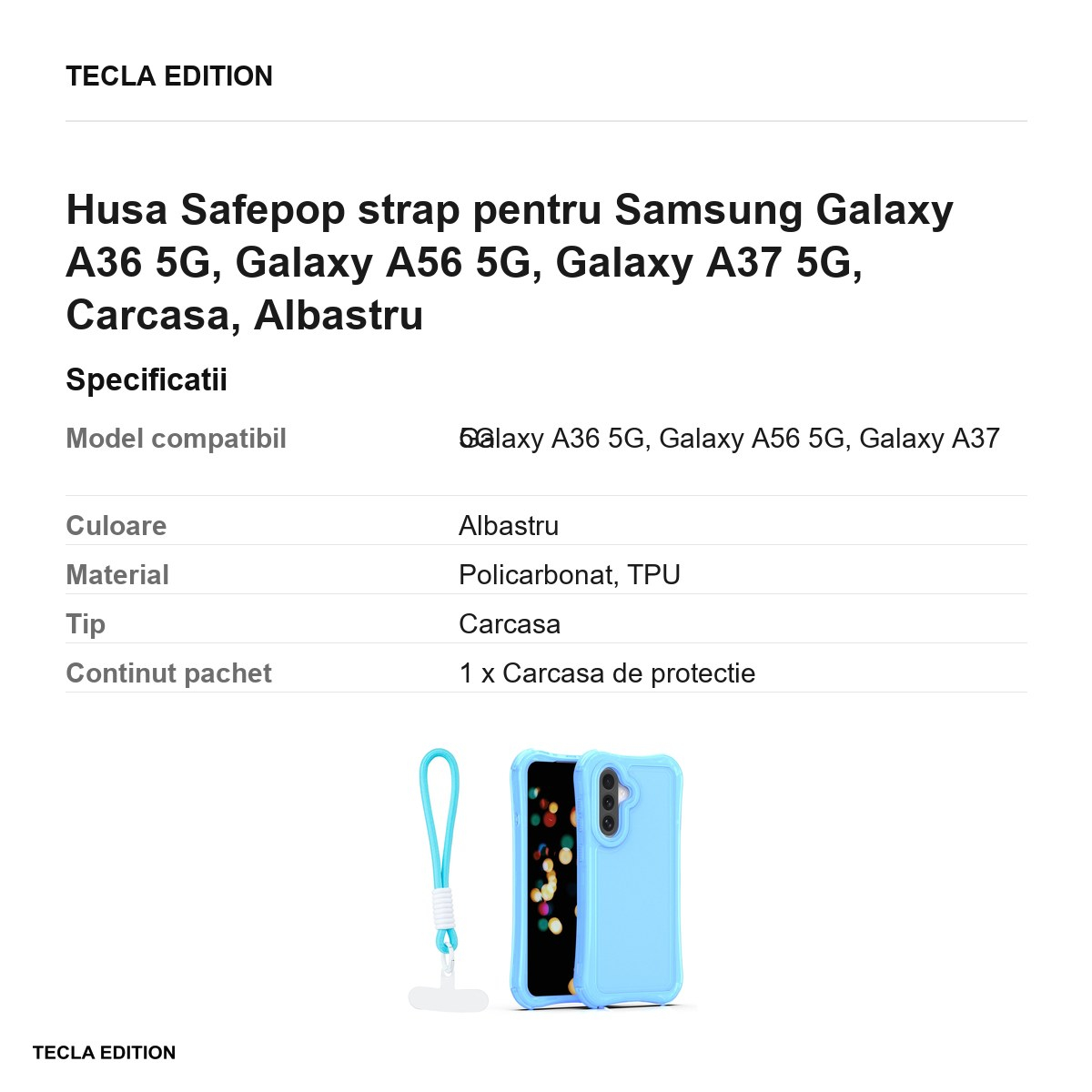 Husa Safepop strap pentru Samsung Galaxy A36 5G, Galaxy A56 5G, Galaxy A37 5G, Carcasa, Albastru [3]