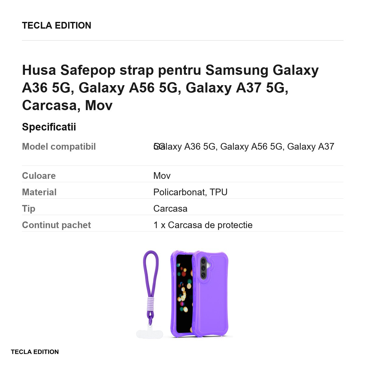 Husa Safepop strap pentru Samsung Galaxy A36 5G, Galaxy A56 5G, Galaxy A37 5G, Carcasa, Mov [3]