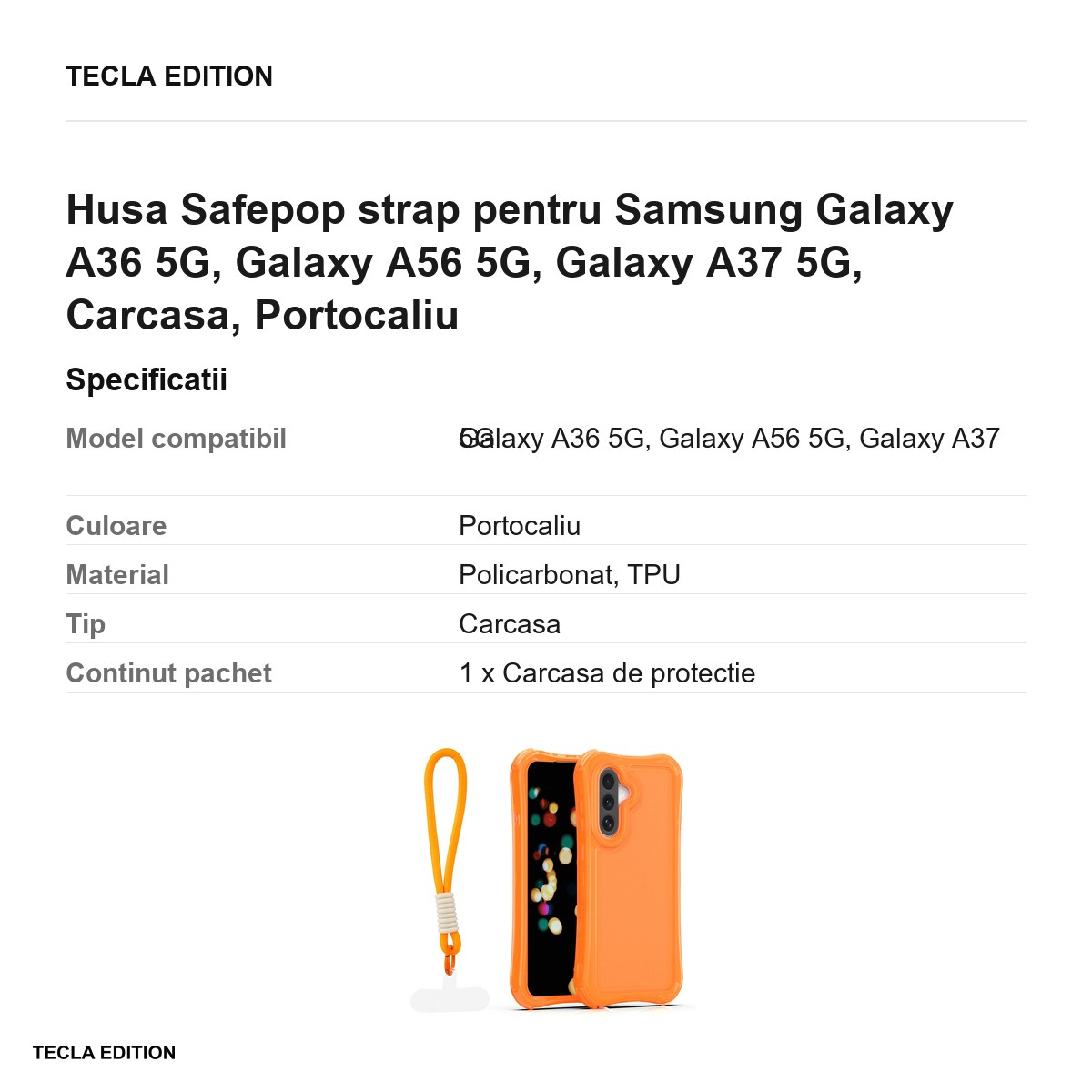 Husa Safepop strap pentru Samsung Galaxy A36 5G, Galaxy A56 5G, Galaxy A37 5G, Carcasa, Portocaliu [3]