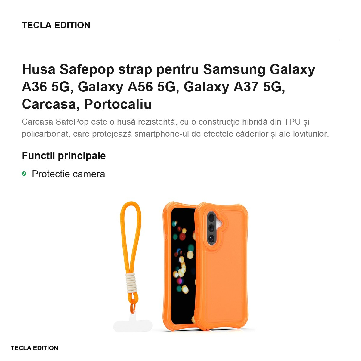 Husa Safepop strap pentru Samsung Galaxy A36 5G, Galaxy A56 5G, Galaxy A37 5G, Carcasa, Portocaliu [2]
