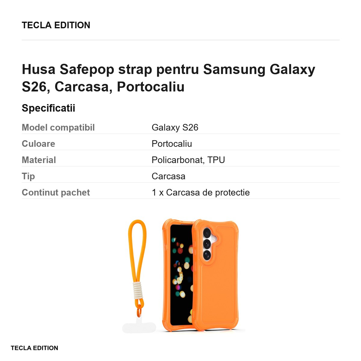 Husa Safepop strap pentru Samsung Galaxy S26, Carcasa, Portocaliu [3]