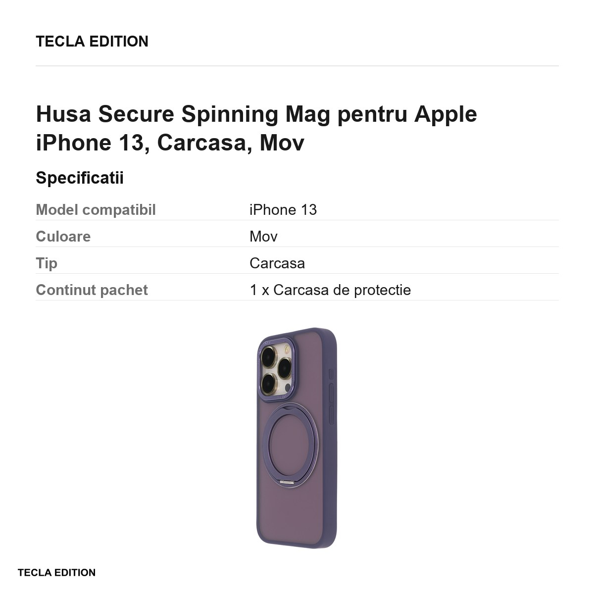 Husa Secure Spinning Mag pentru Apple iPhone 13, Carcasa, Mov [3]