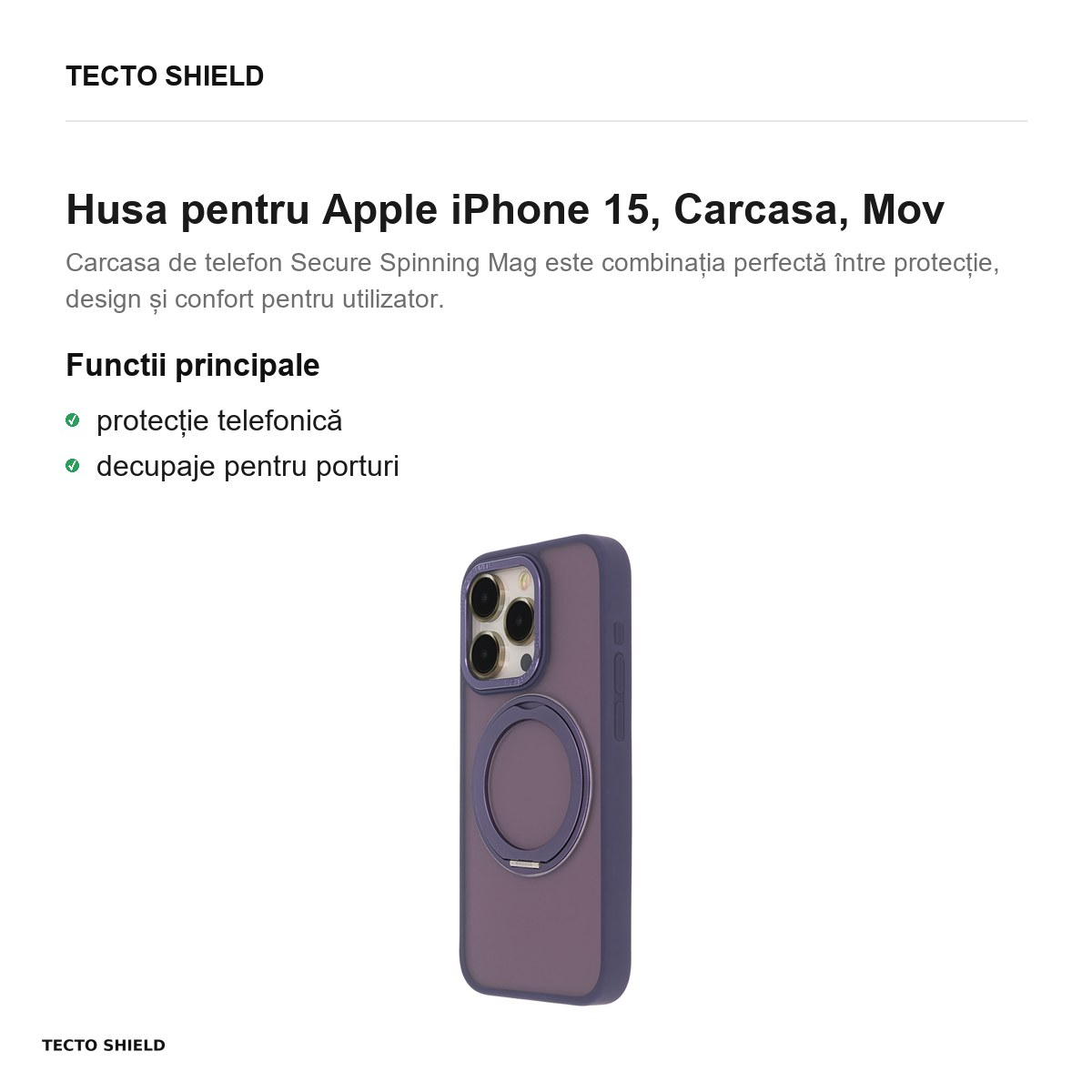Husa Secure Spinning Mag pentru Apple iPhone 15, Carcasa, Mov [2]