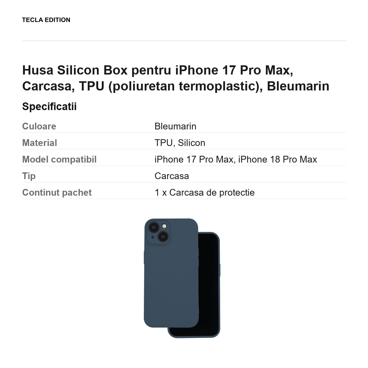Husa Silicon Box pentru iPhone 17 Pro Max, Carcasa, TPU (poliuretan termoplastic), Bleumarin [3]