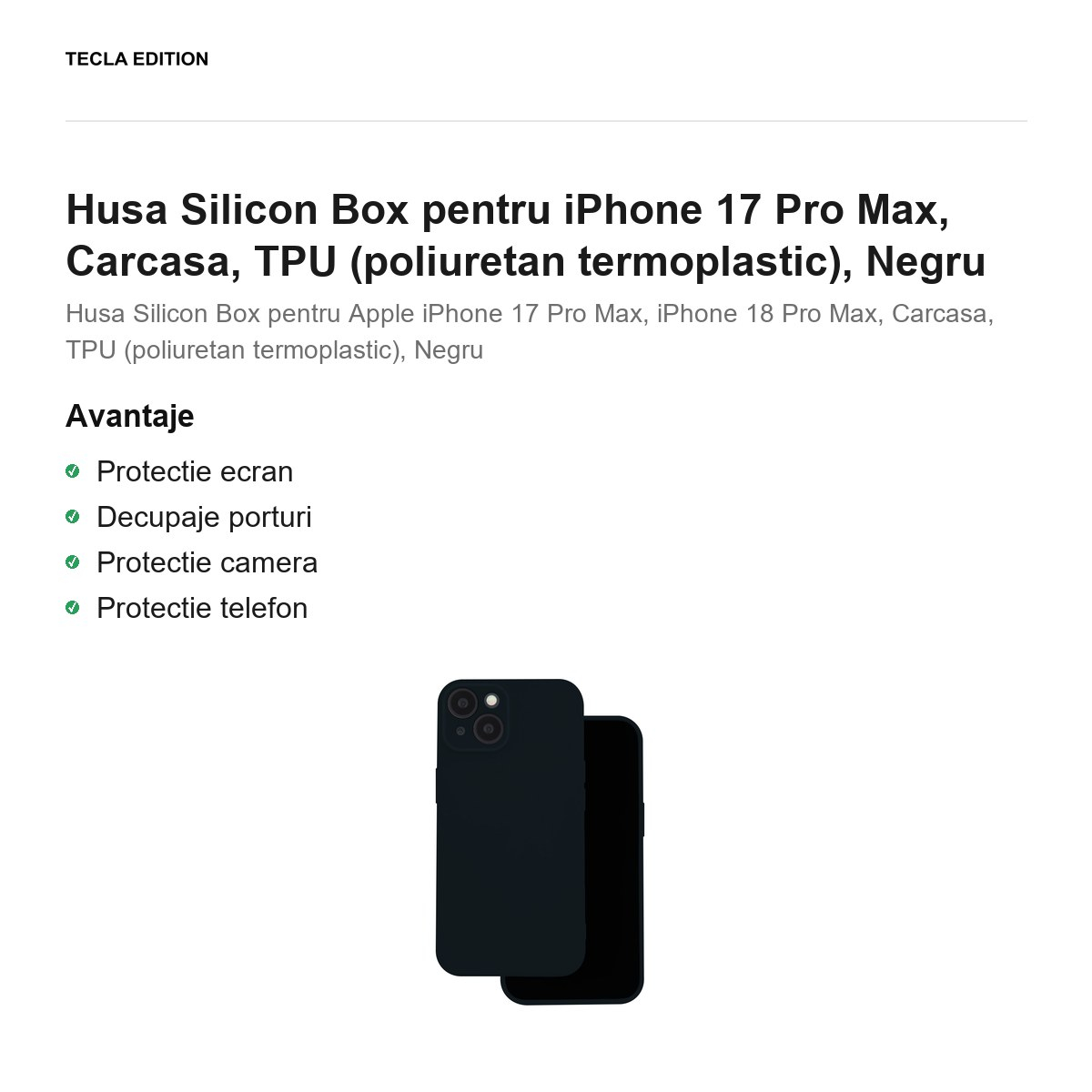 Husa Silicon Box pentru iPhone 17 Pro Max, Carcasa, TPU (poliuretan termoplastic), Negru [2]