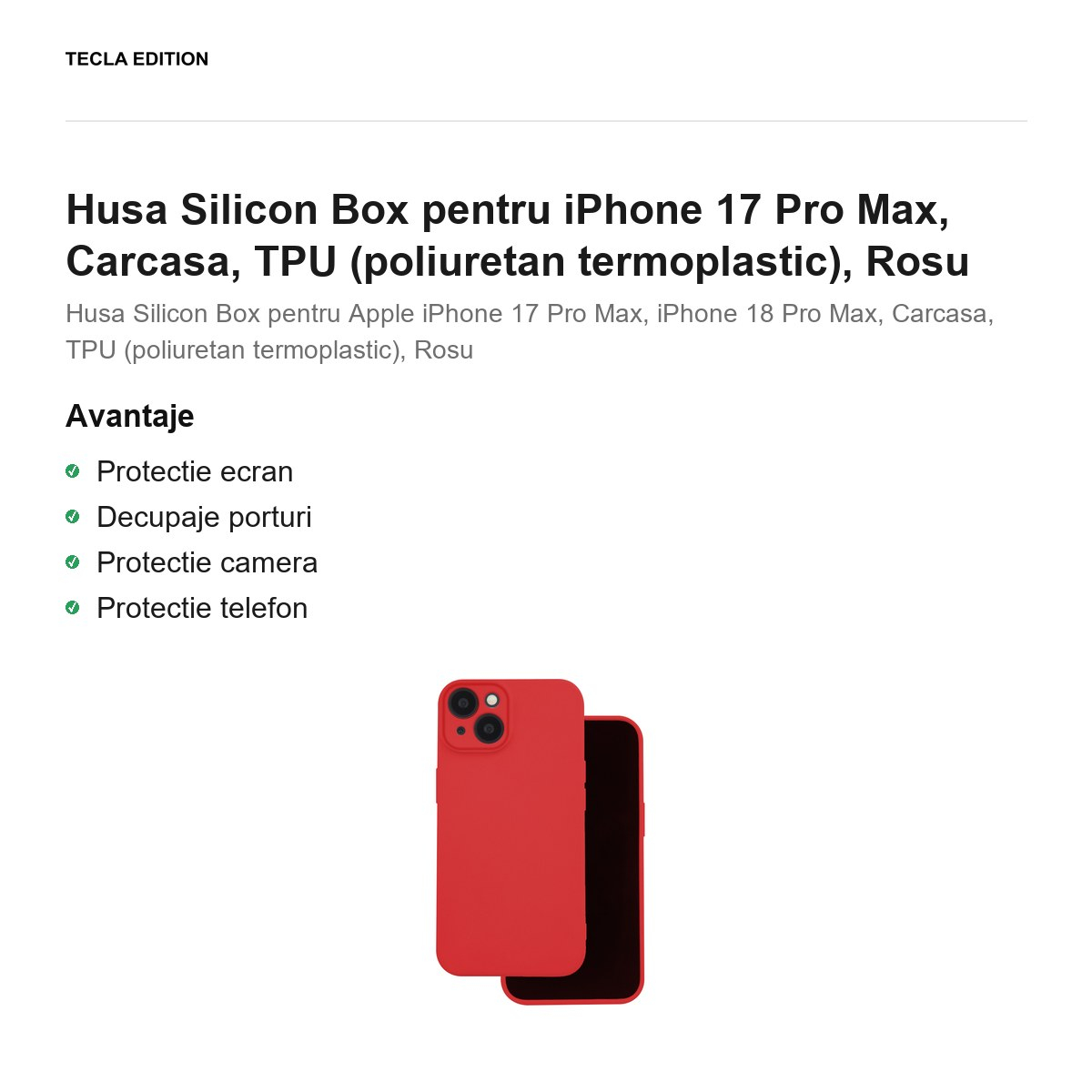 Husa Silicon Box pentru iPhone 17 Pro Max, Carcasa, TPU (poliuretan termoplastic), Rosu [2]