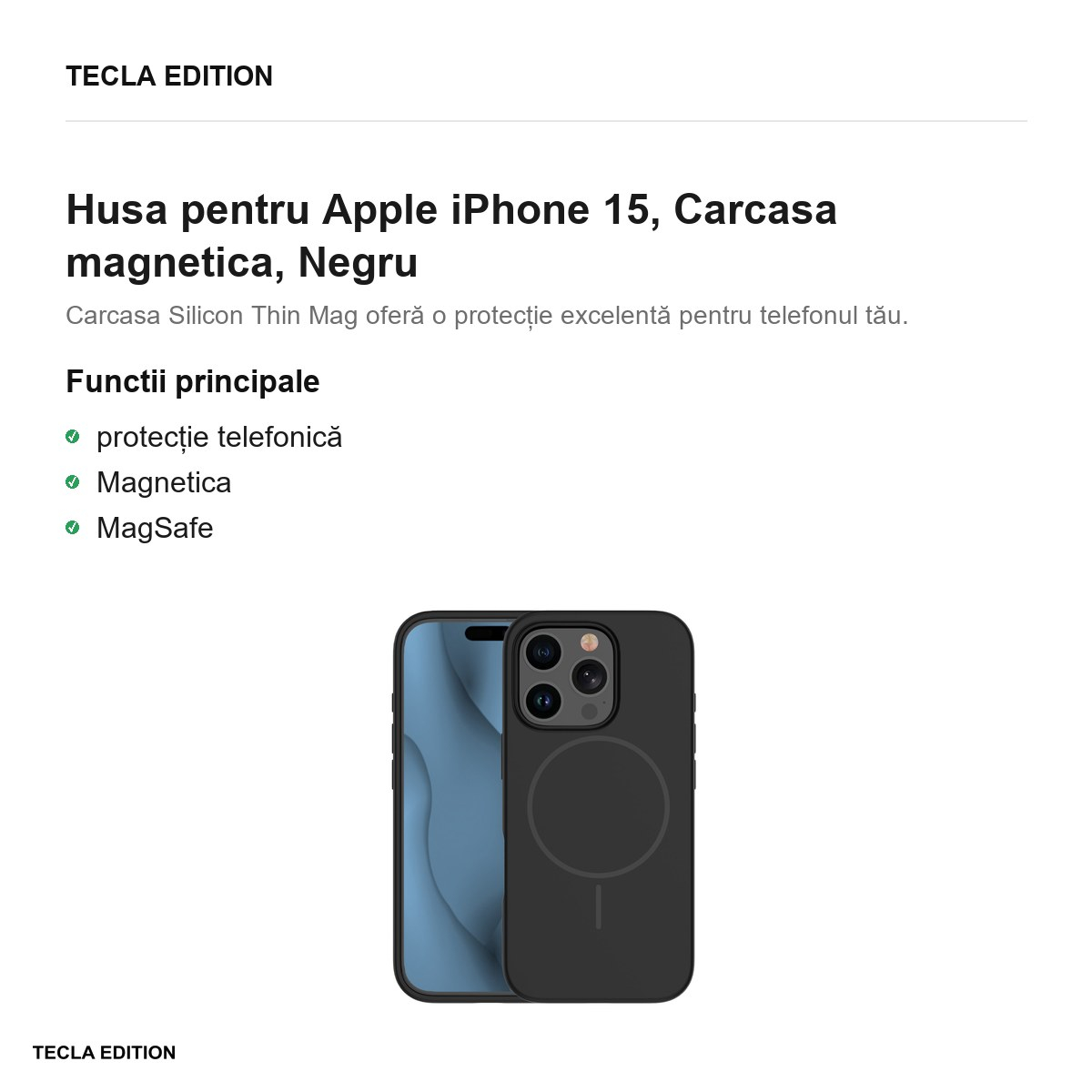 Husa Silicone Thin Mag pentru Apple iPhone 15, Carcasa magnetica, Negru [2]