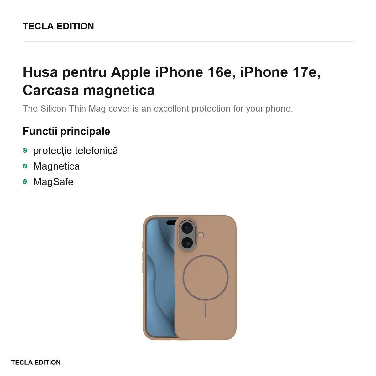 Husa Silicone Thin Mag pentru Apple iPhone 16e, iPhone 17e, Carcasa magnetica, Maro [2]