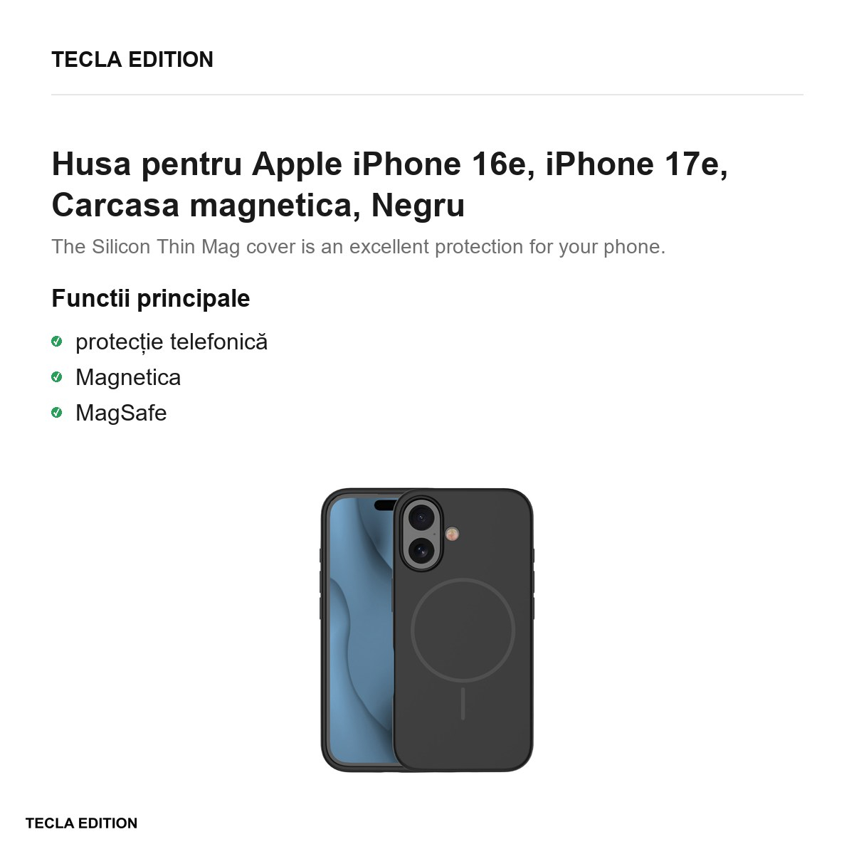 Husa Silicone Thin Mag pentru Apple iPhone 16e, iPhone 17e, Carcasa magnetica, Negru [2]