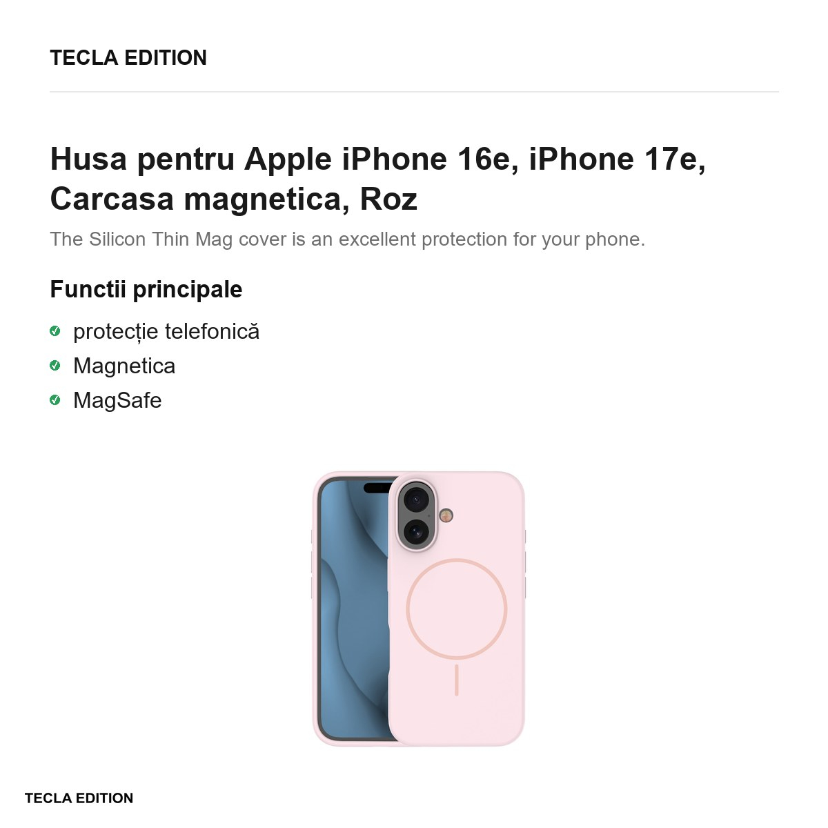 Husa Silicone Thin Mag pentru Apple iPhone 16e, iPhone 17e, Carcasa magnetica, Roz [2]
