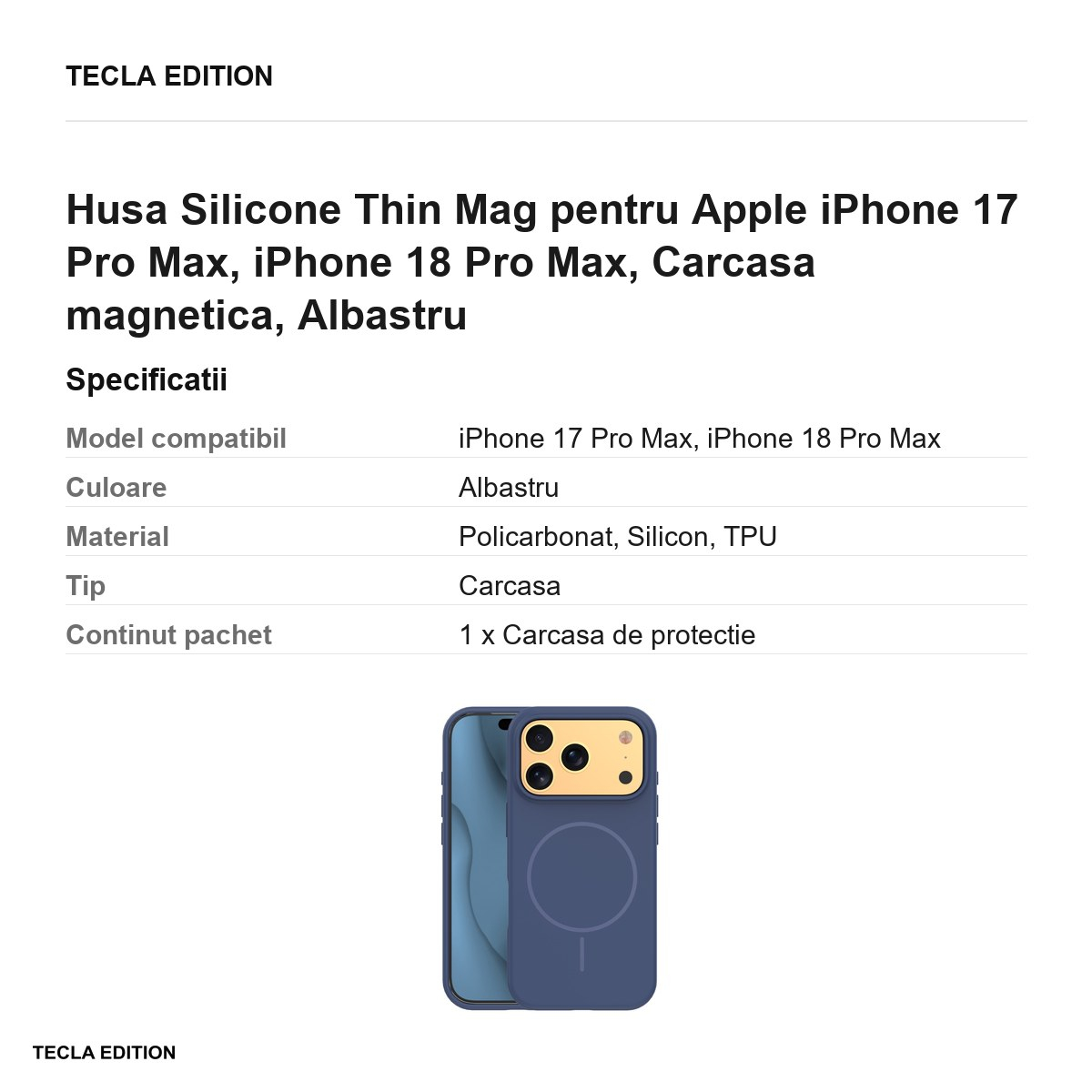 Husa Silicone Thin Mag pentru Apple iPhone 17 Pro Max, iPhone 18 Pro Max, Carcasa magnetica, Albastru [3]