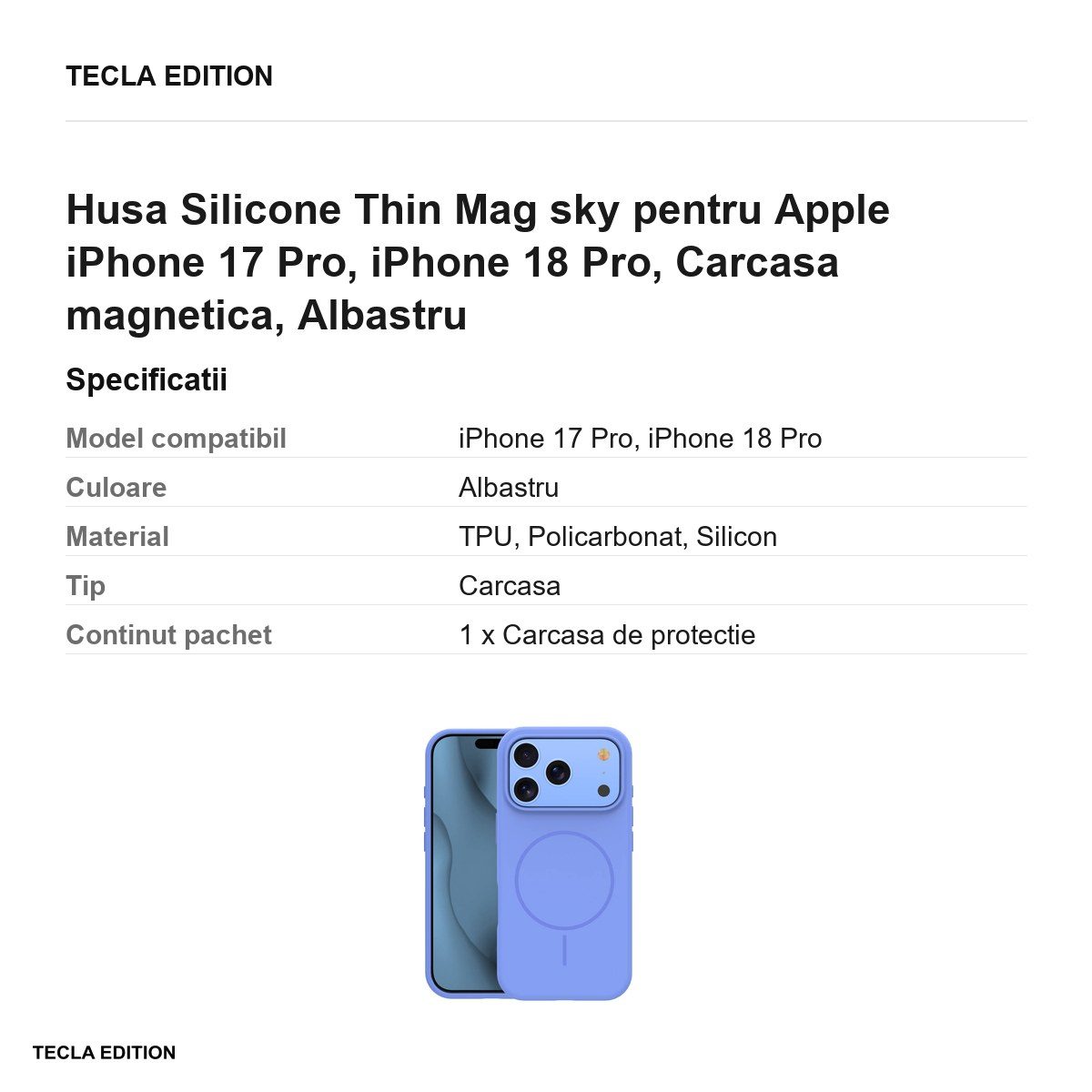 Husa Silicone Thin Mag sky pentru Apple iPhone 17 Pro, iPhone 18 Pro, Carcasa magnetica, Albastru [3]