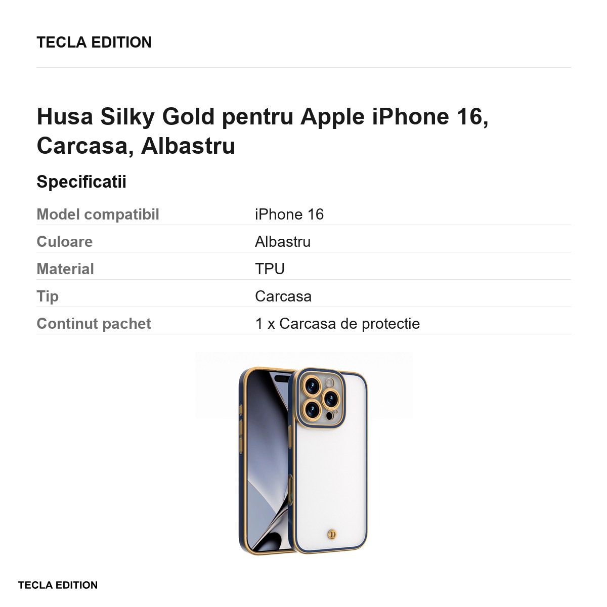 Husa Silky Gold pentru Apple iPhone 16, Carcasa, Albastru [3]
