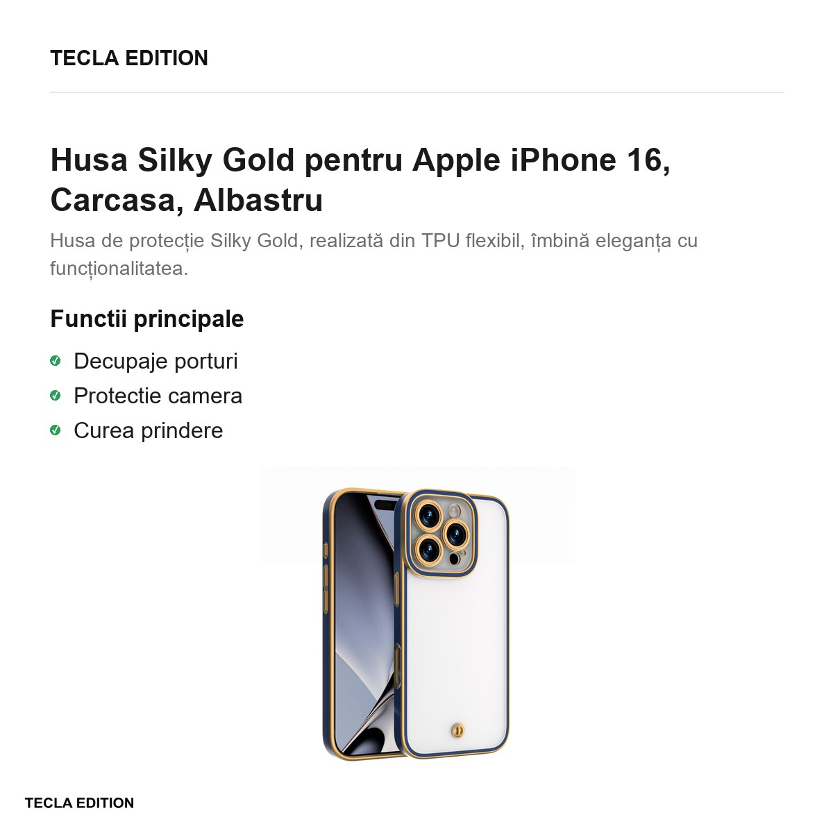 Husa Silky Gold pentru Apple iPhone 16, Carcasa, Albastru [2]