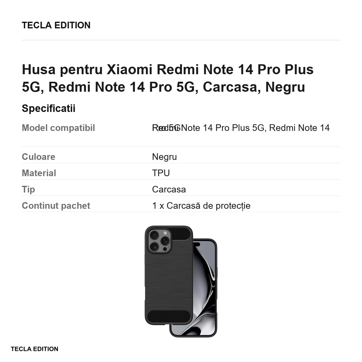 Husa Simple Black pentru Xiaomi Redmi Note 14 Pro Plus 5G, Redmi Note 14 Pro 5G, Carcasa, Negru [3]