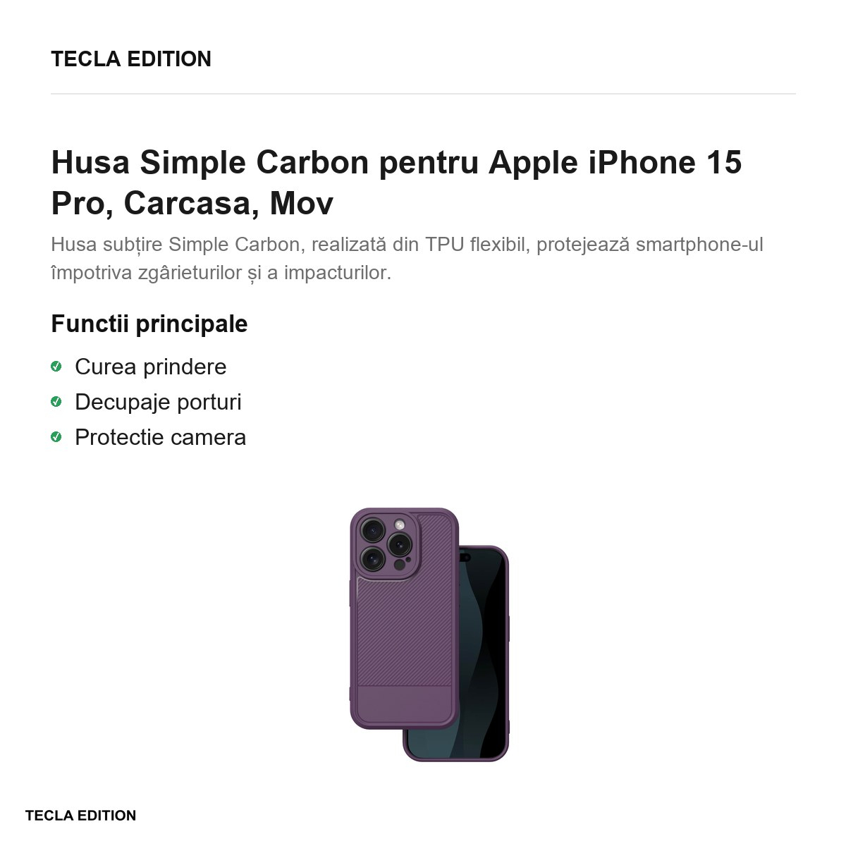 Husa Simple Carbon pentru Apple iPhone 15 Pro, Carcasa, Mov [2]