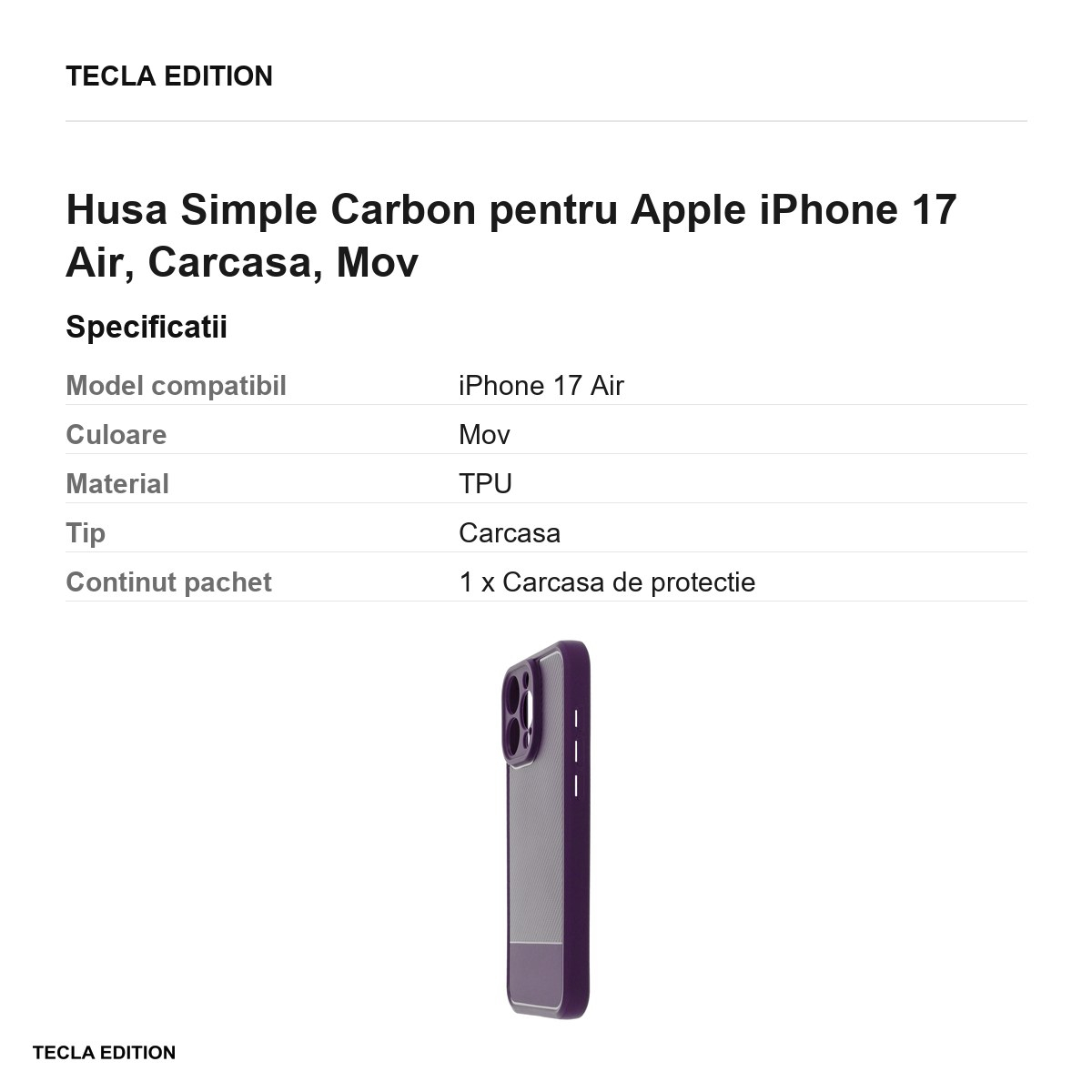 Husa Simple Carbon pentru Apple iPhone 17 Air, Carcasa, Mov [3]