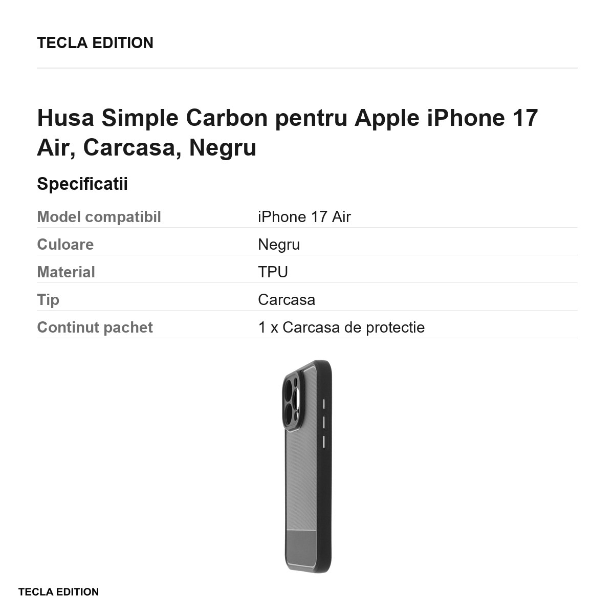 Husa Simple Carbon pentru Apple iPhone 17 Air, Carcasa, Negru [3]