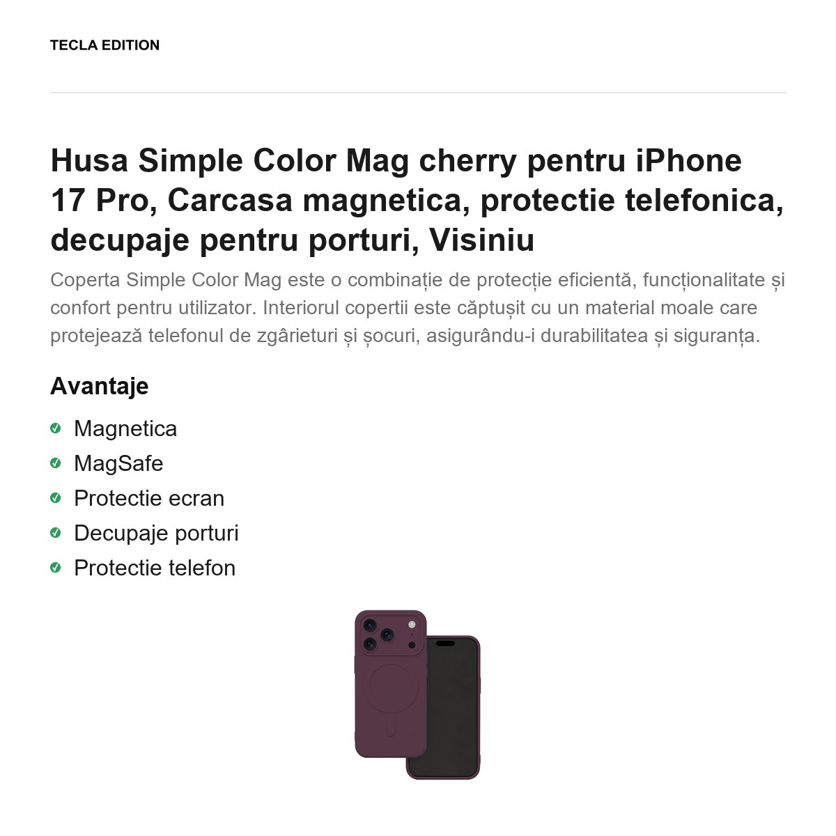Husa Simple Color Mag cherry pentru iPhone 17 Pro, Carcasa magnetica, protectie telefonica, decupaje pentru porturi, Visiniu [2]