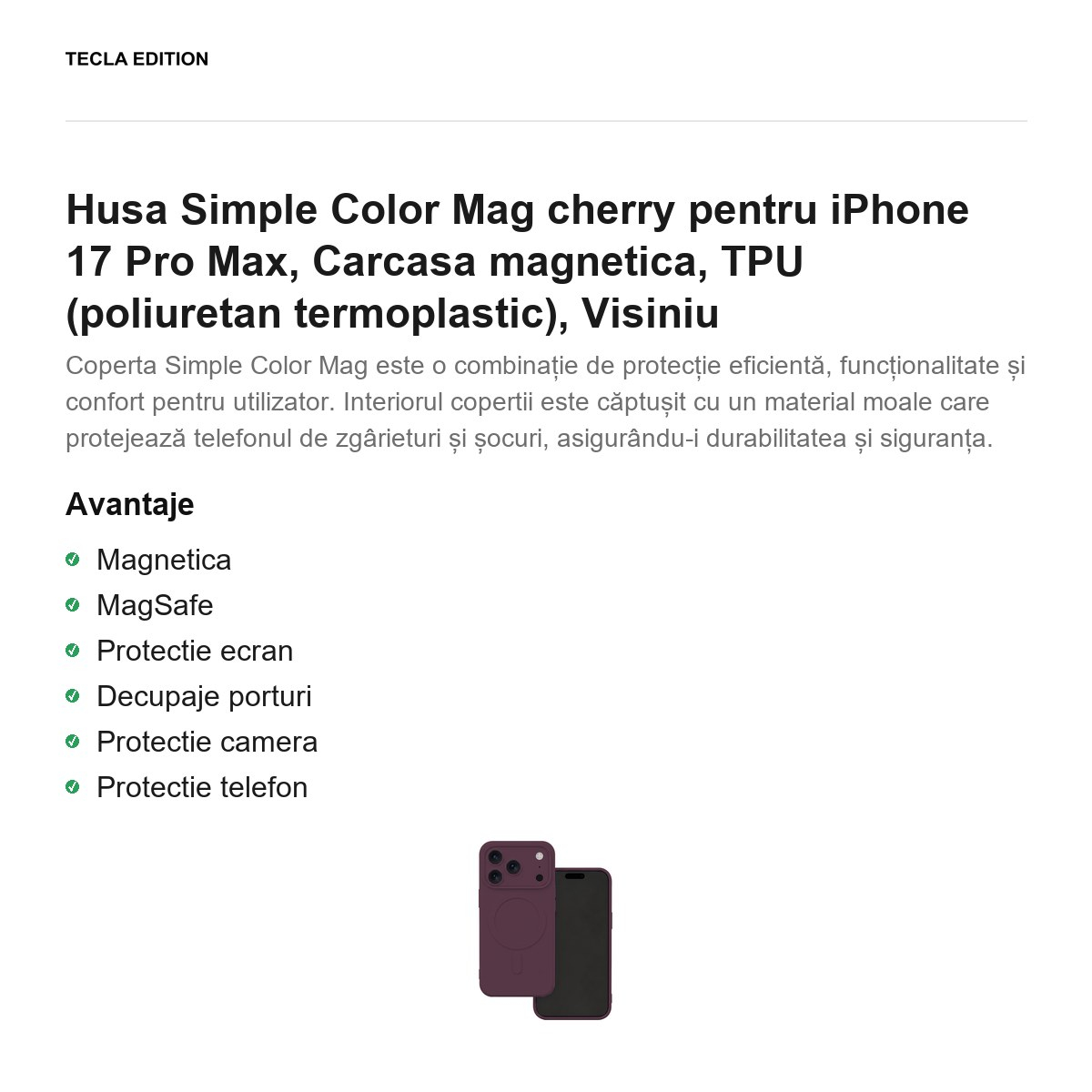 Husa Simple Color Mag cherry pentru iPhone 17 Pro Max, Carcasa magnetica, TPU (poliuretan termoplastic), Visiniu [2]
