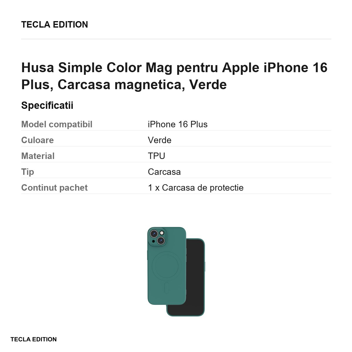 Husa Simple Color Mag pentru Apple iPhone 16 Plus, Carcasa magnetica, Verde [3]