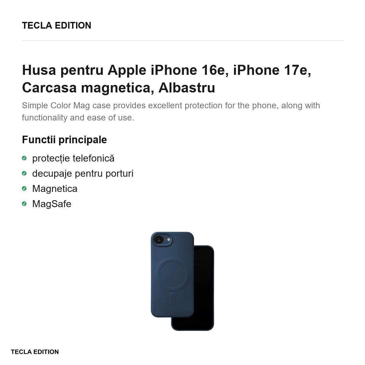 Husa Simple Color Mag pentru Apple iPhone 16e, iPhone 17e, Carcasa magnetica, Albastru [2]