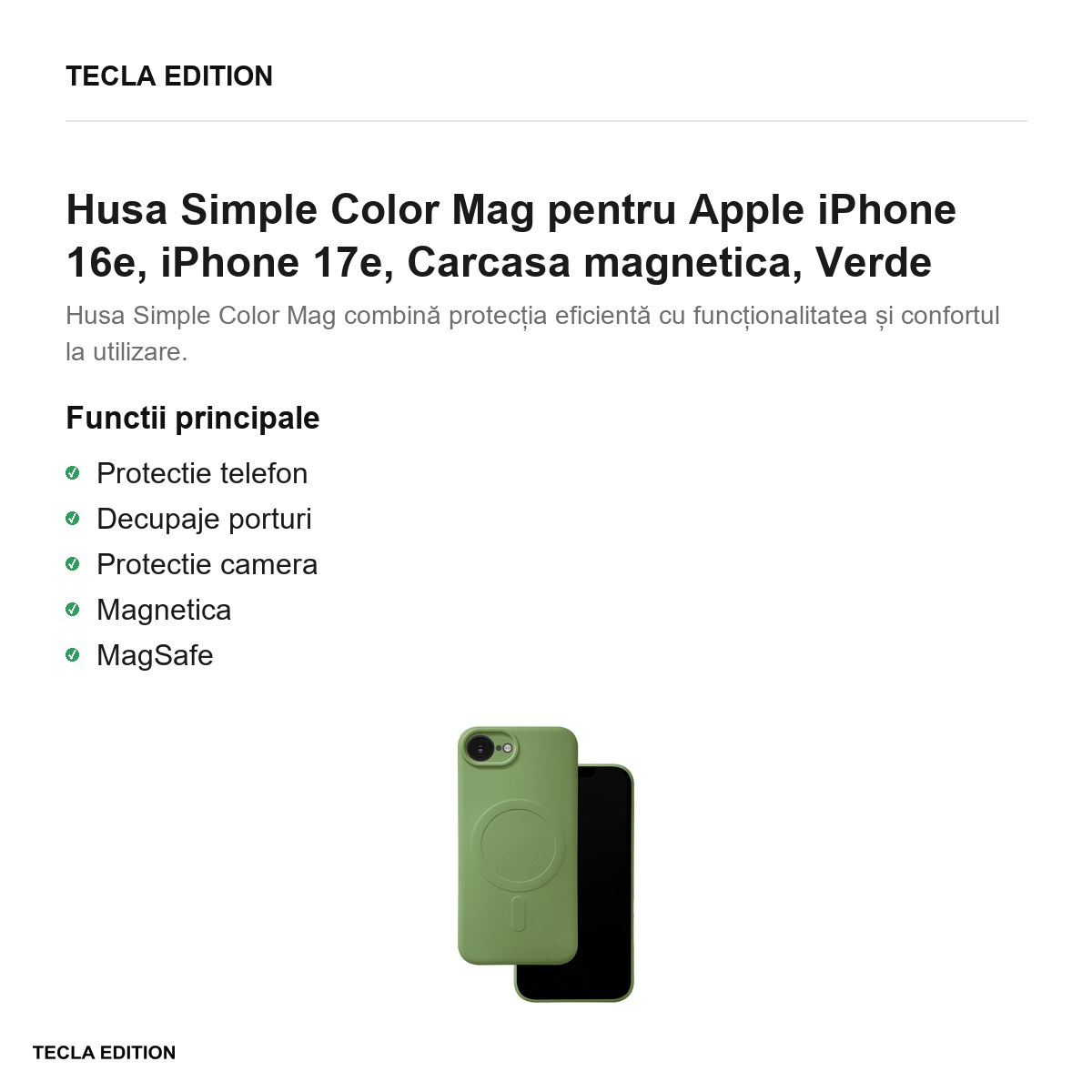 Husa Simple Color Mag pentru Apple iPhone 16e, iPhone 17e, Carcasa magnetica, Verde [2]