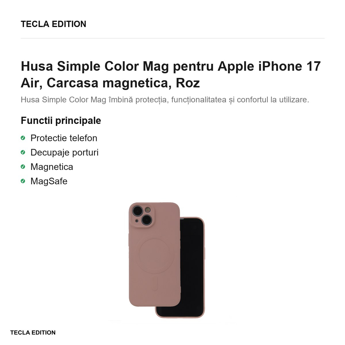 Husa Simple Color Mag pentru Apple iPhone 17 Air, Carcasa magnetica, Roz [2]