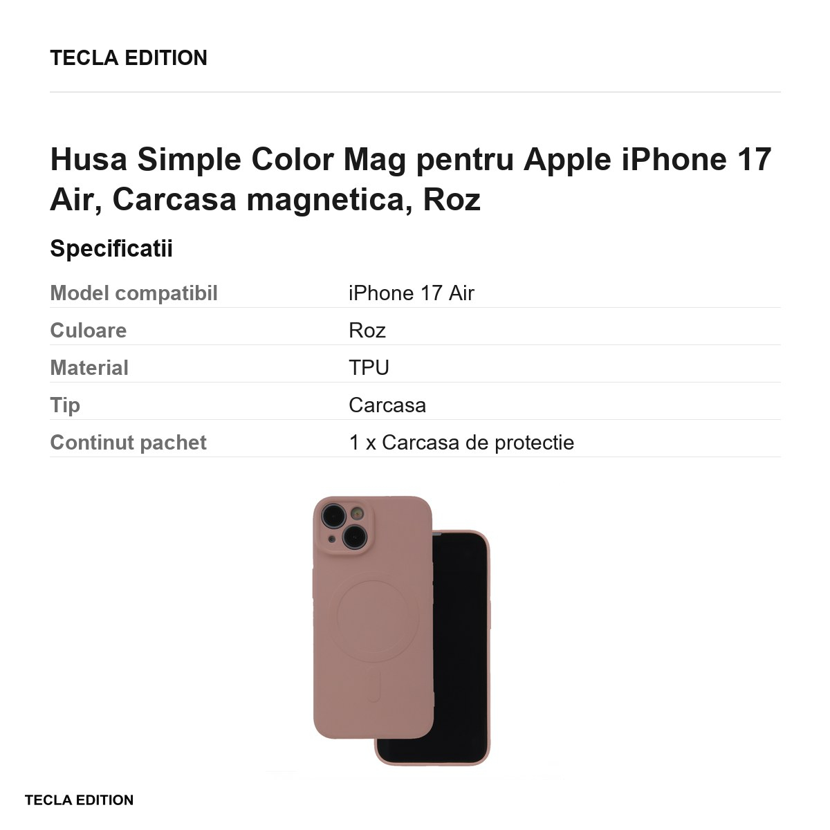 Husa Simple Color Mag pentru Apple iPhone 17 Air, Carcasa magnetica, Roz [3]