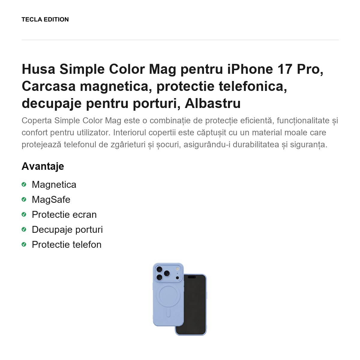Husa Simple Color Mag pentru iPhone 17 Pro, Carcasa magnetica, protectie telefonica, decupaje pentru porturi, Albastru [2]