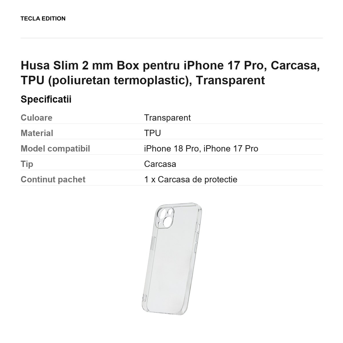 Husa Slim 2 mm Box pentru iPhone 17 Pro, Carcasa, TPU (poliuretan termoplastic), Transparent [3]
