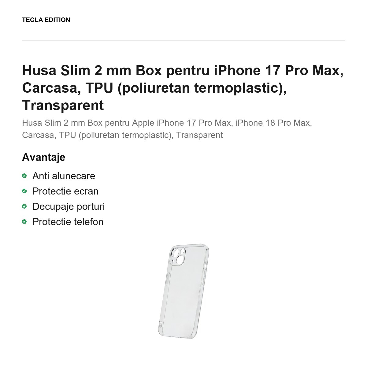 Husa Slim 2 mm Box pentru iPhone 17 Pro Max, Carcasa, TPU (poliuretan termoplastic), Transparent [2]