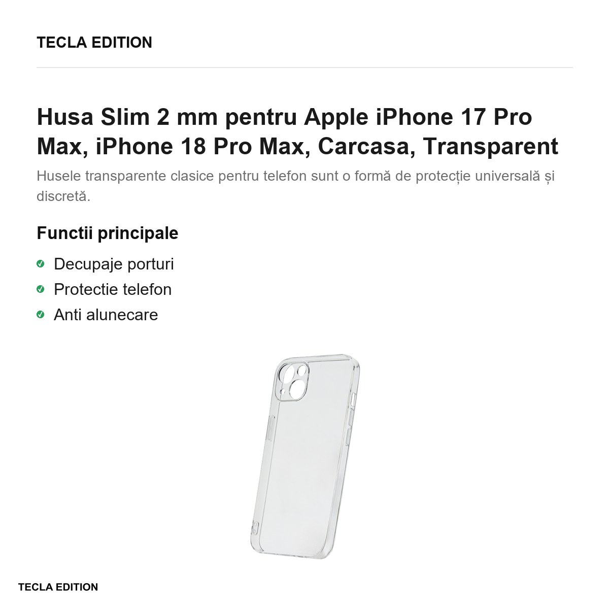 Husa Slim 2 mm pentru Apple iPhone 17 Pro Max, iPhone 18 Pro Max, Carcasa, Transparent [2]