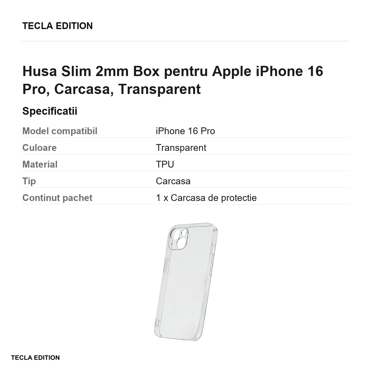 Husa Slim 2mm Box pentru Apple iPhone 16 Pro, Carcasa, Transparent [3]