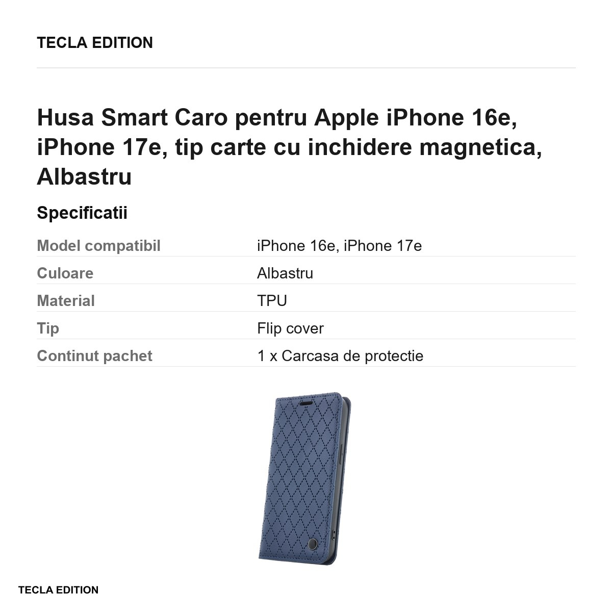 Husa Smart Caro pentru Apple iPhone 16e, iPhone 17e, tip carte cu inchidere magnetica, Albastru [3]
