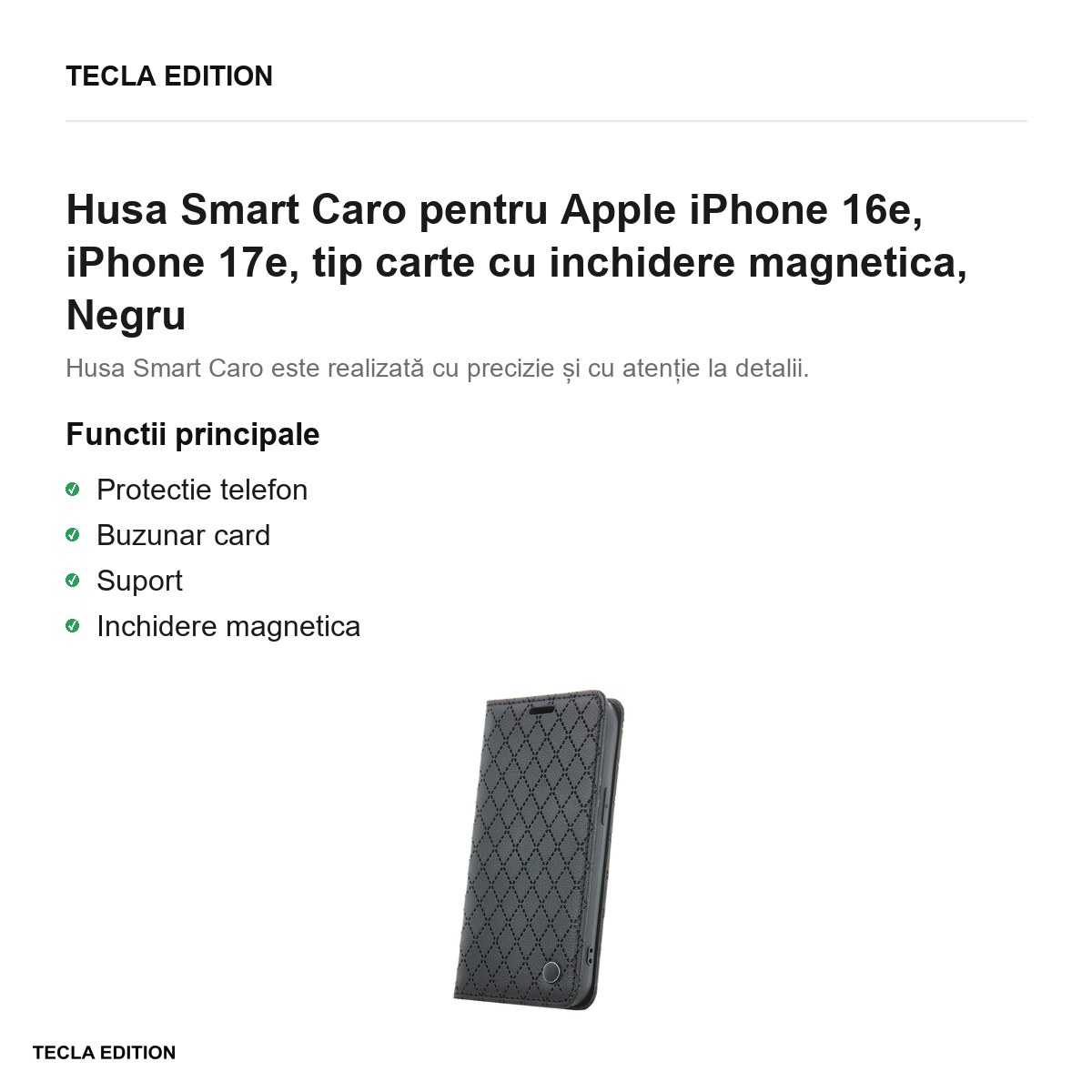 Husa Smart Caro pentru Apple iPhone 16e, iPhone 17e, tip carte cu inchidere magnetica, Negru [2]