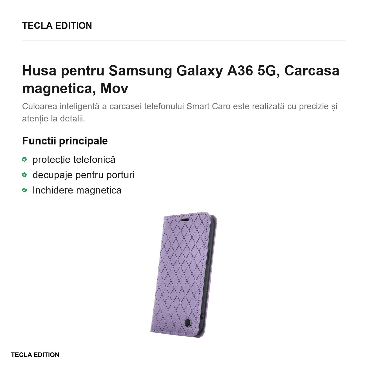 Husa Smart Caro pentru Samsung Galaxy A36 5G, tip carte cu inchidere magnetica, Mov [2]