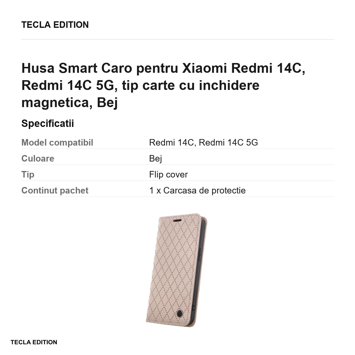 Husa Smart Caro pentru Xiaomi Redmi 14C, Redmi 14C 5G, tip carte cu inchidere magnetica, Bej [3]