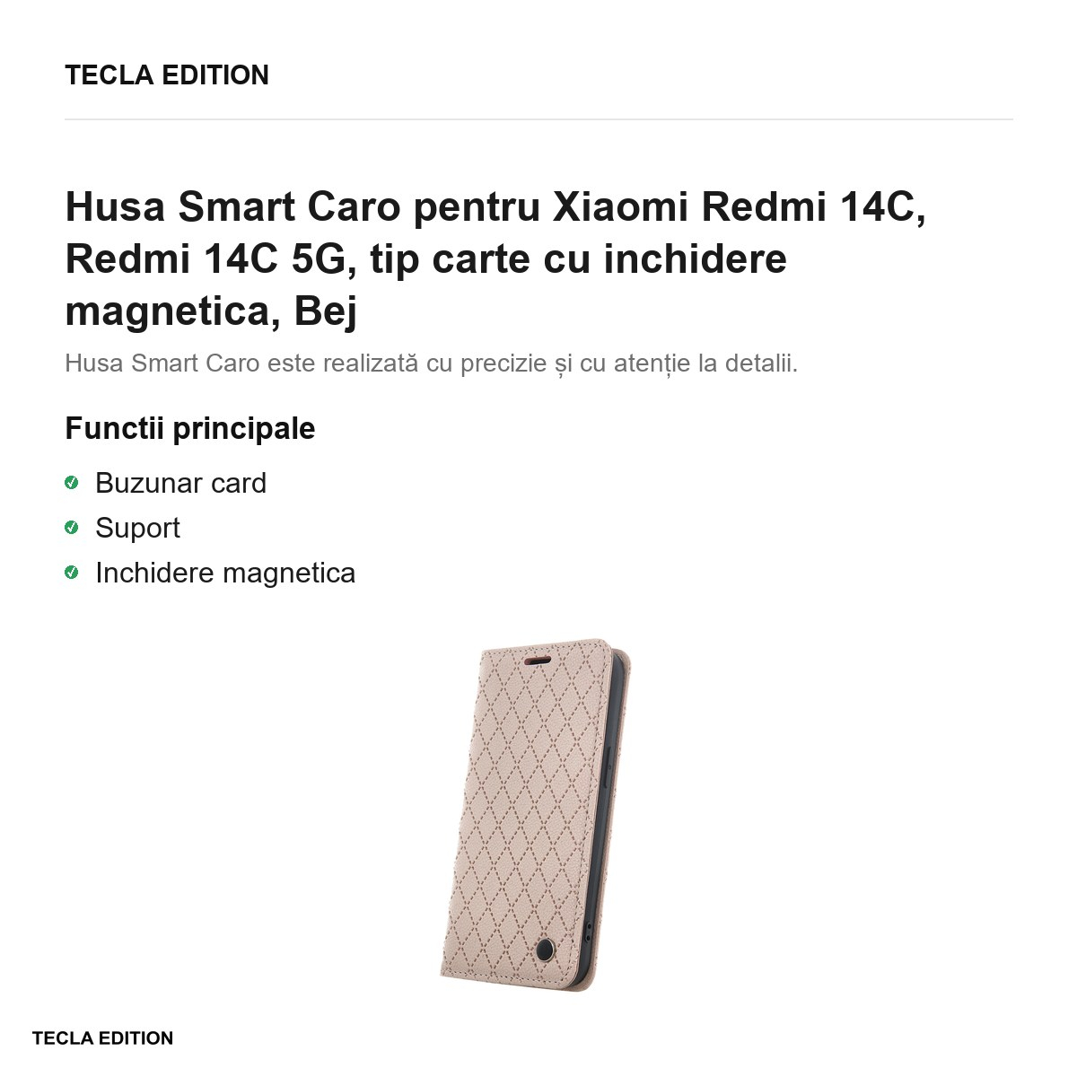 Husa Smart Caro pentru Xiaomi Redmi 14C, Redmi 14C 5G, tip carte cu inchidere magnetica, Bej [2]