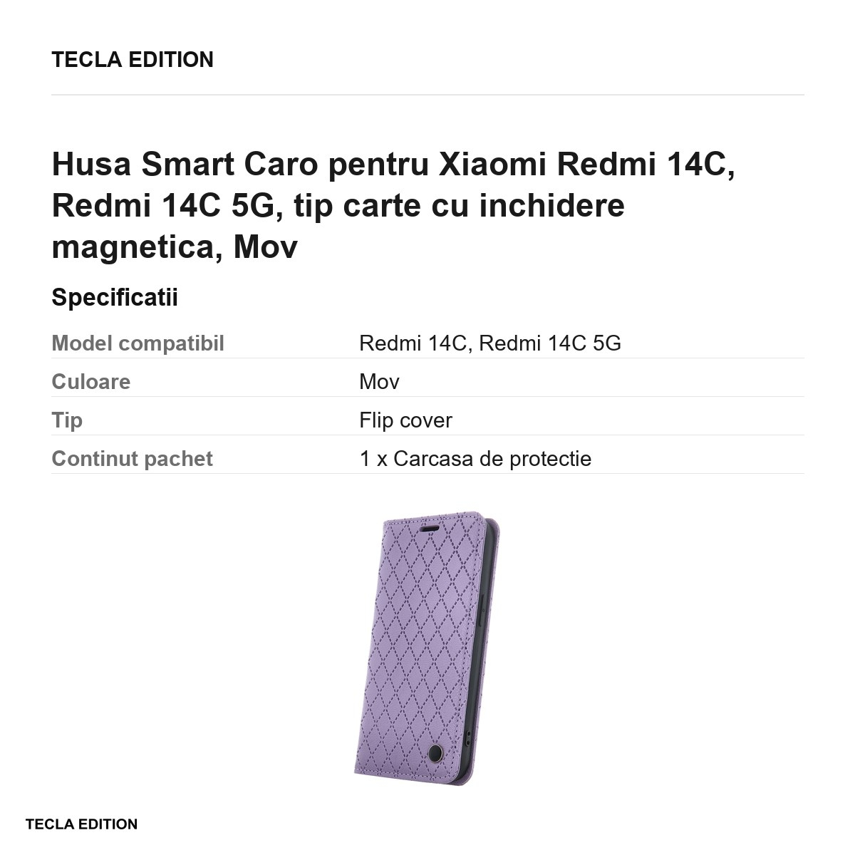 Husa Smart Caro pentru Xiaomi Redmi 14C, Redmi 14C 5G, tip carte cu inchidere magnetica, Mov [3]